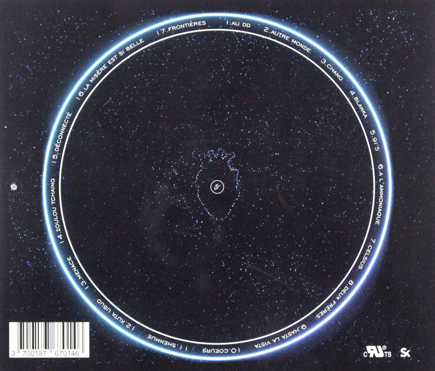 CD back cover with a starry design, song titles in a circle, and text.