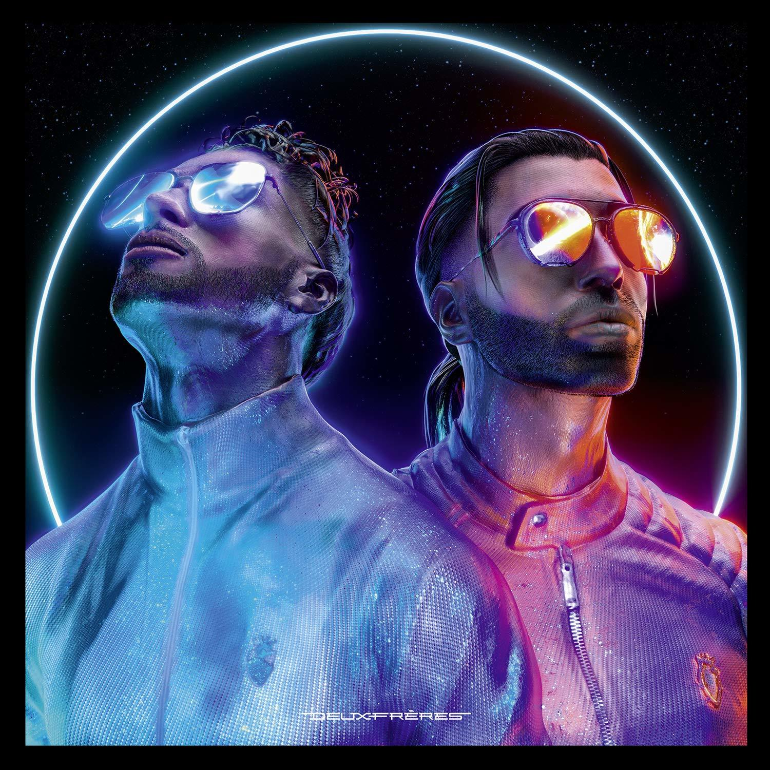 Album cover. Two men in sunglasses and futuristic outfits stand in front of a neon circle.