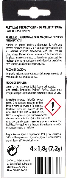 Una caja de pastillas de limpieza para máquinas de café. Texto en español.