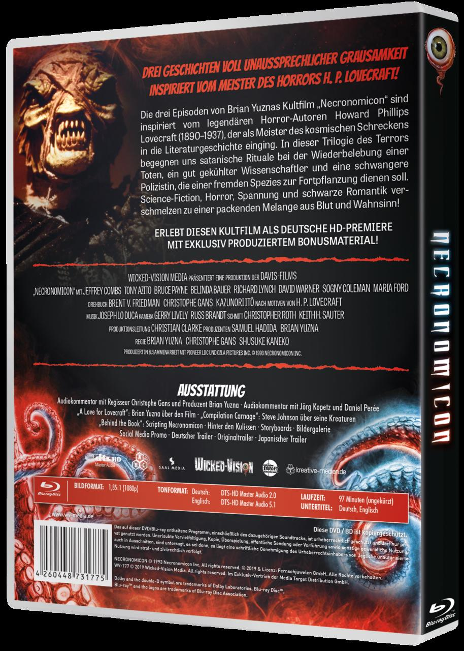 DVD-Hülle Rückseite für Necronomicon. Text und Bilder, dunkles Thema, Horrorfilm.
