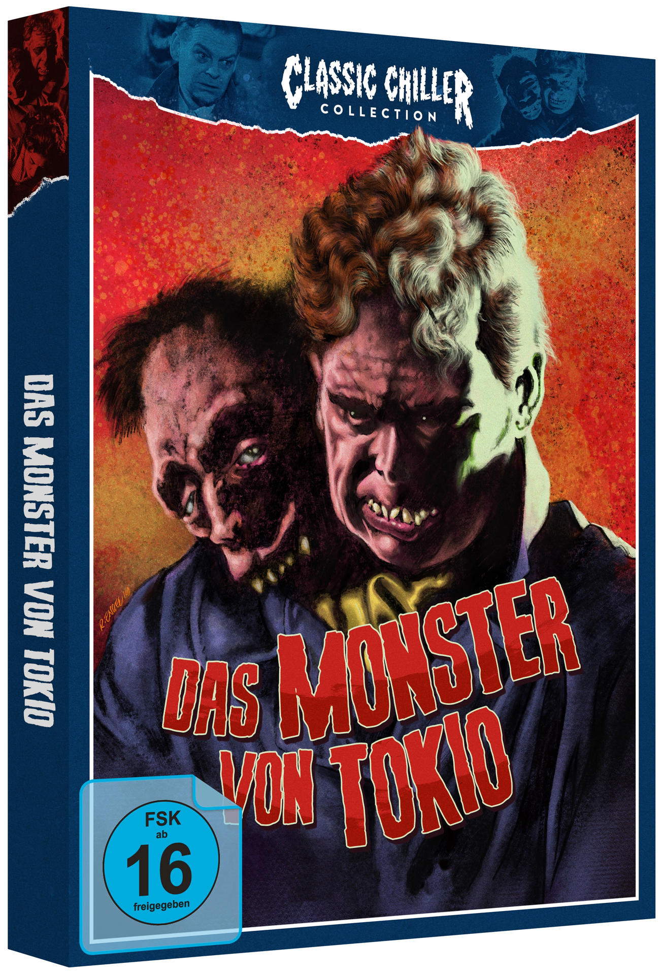 DVD-Cover eines Monsterfilms mit zwei Gesichtern und deutschem Text.