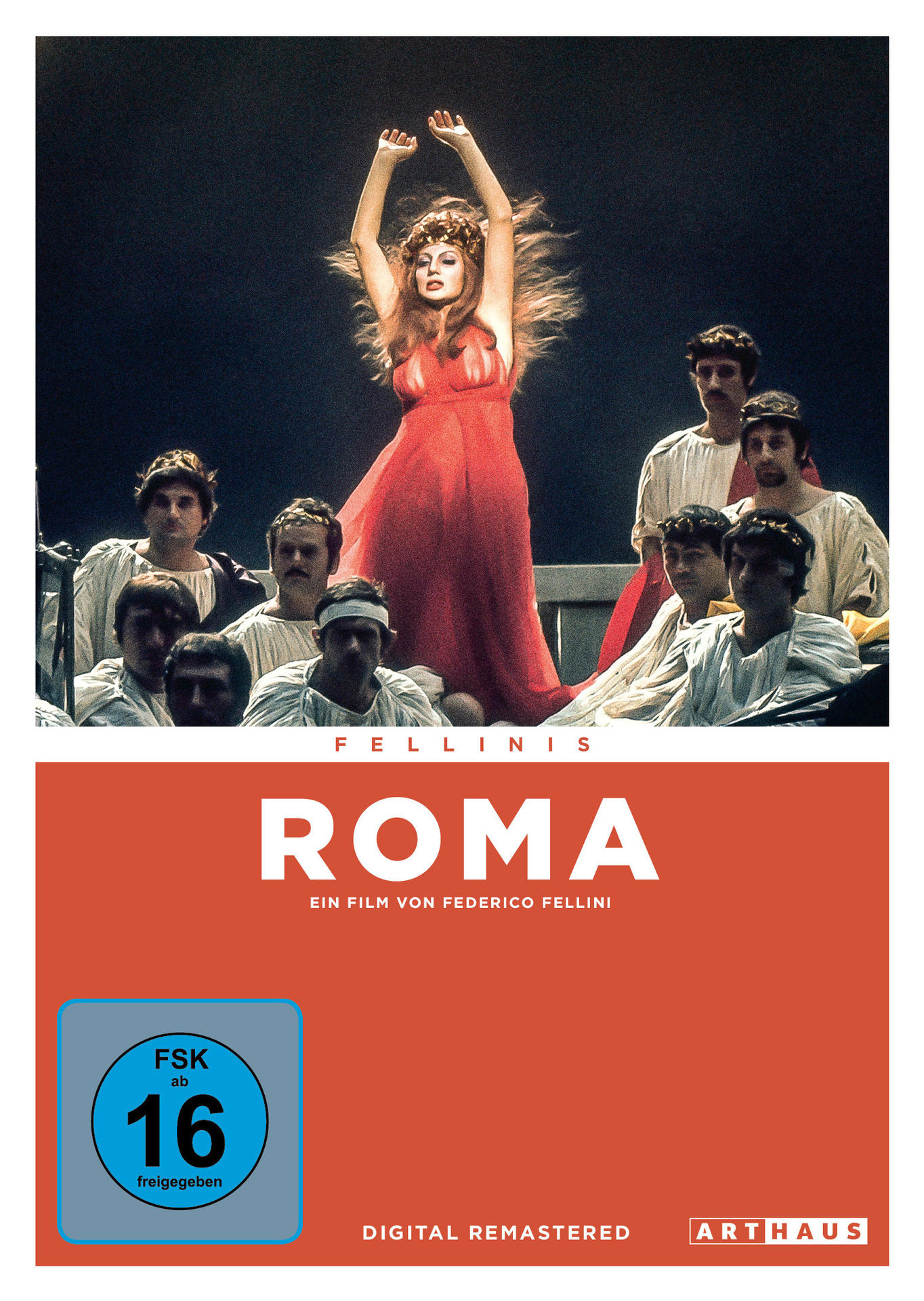 Filmposter mit einer Frau im roten Kleid, umgeben von Männern.