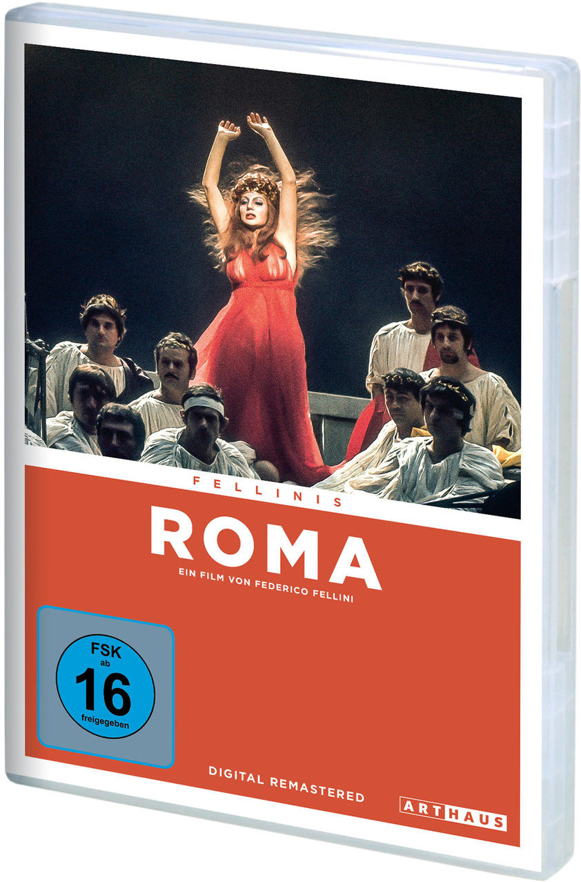 DVD-Hülle. Roter Einband mit 'ROMA'-Titel, Frau mit erhobenen Armen. Hintergrund weiß.