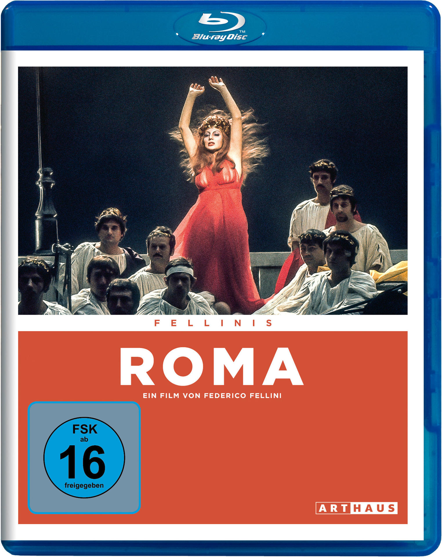 Filmcover: Roma, mit einer Frau in rotem Kleid, mehreren Männern in weißen Roben und Filmtitel.