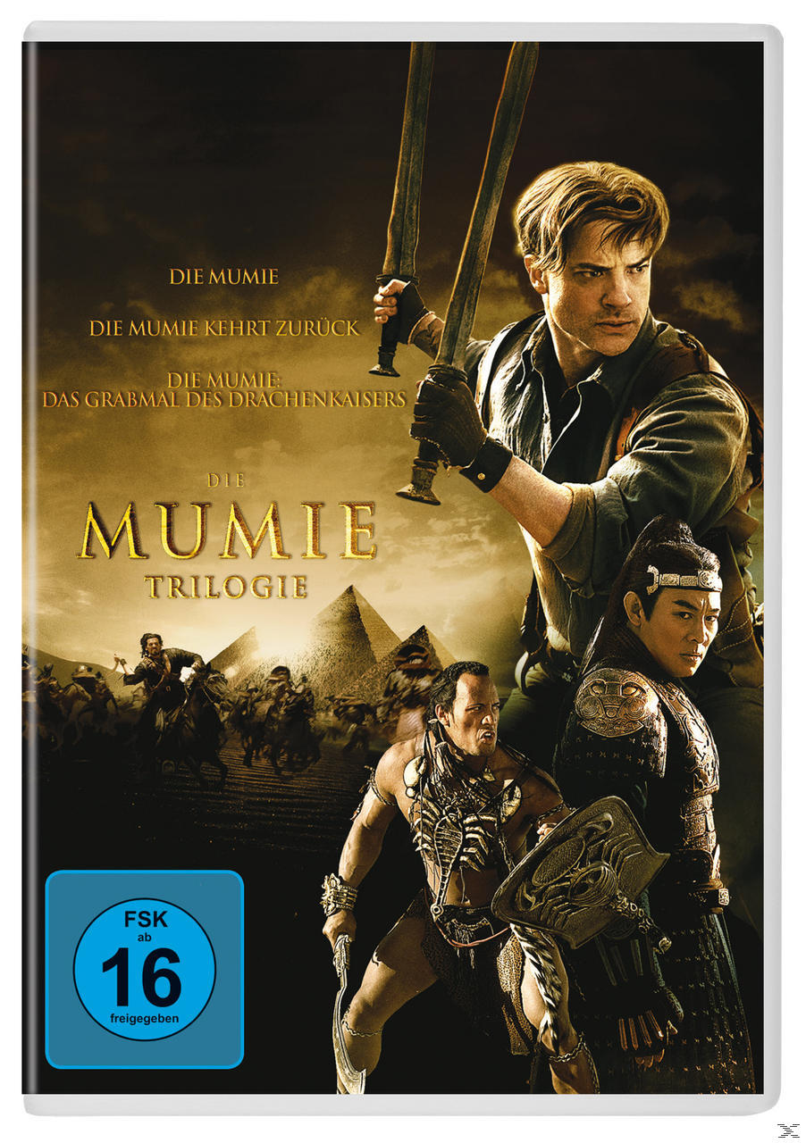Filmcover mit Brendan Fraser, The Rock und anderen. Der Titel lautet 'Die Mumie Trilogie' mit Pyramide.