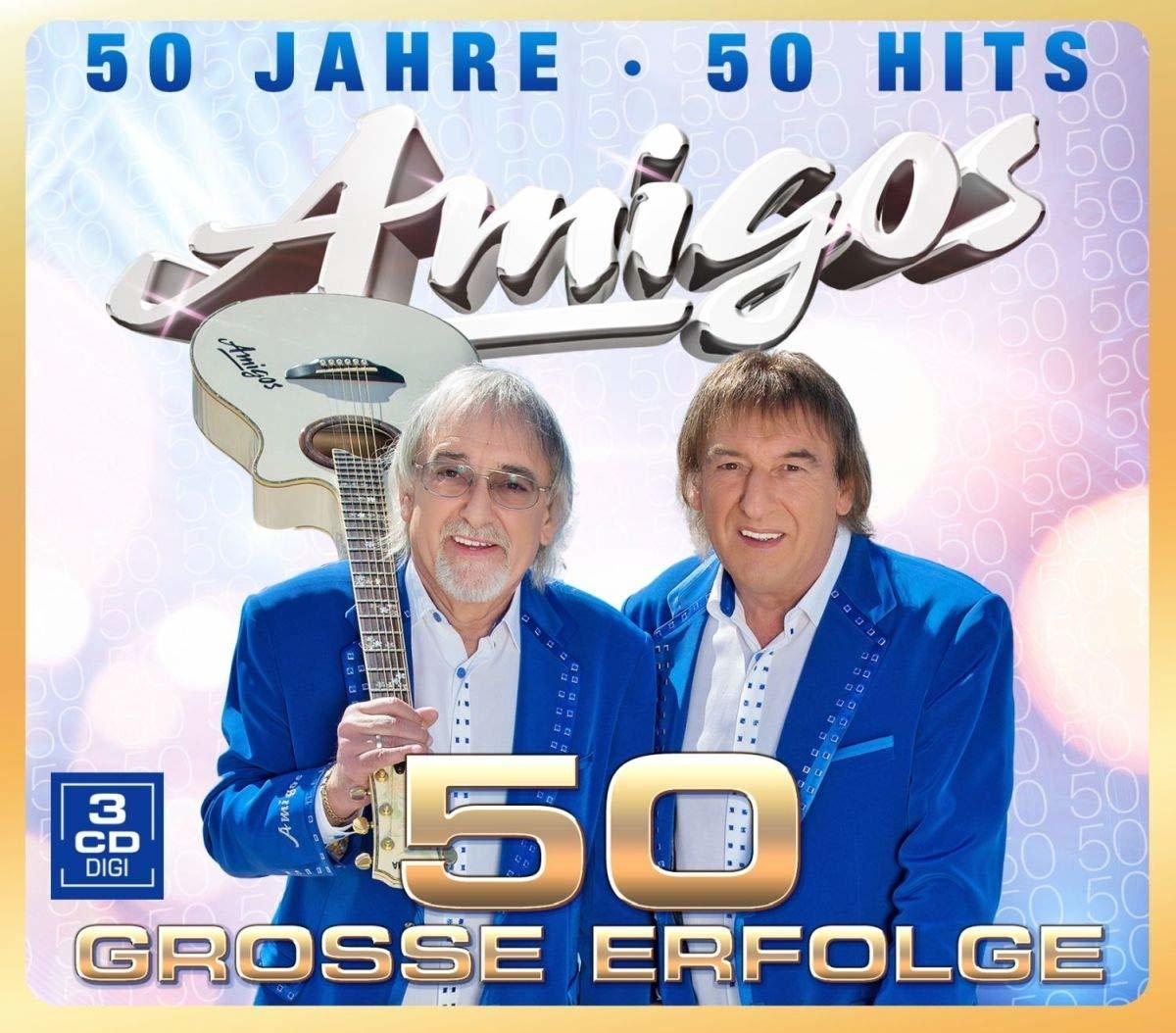 Albumcover mit zwei Männern, die eine Gitarre halten. Der Text lautet '50 Jahre 50 Hits Amigos'.