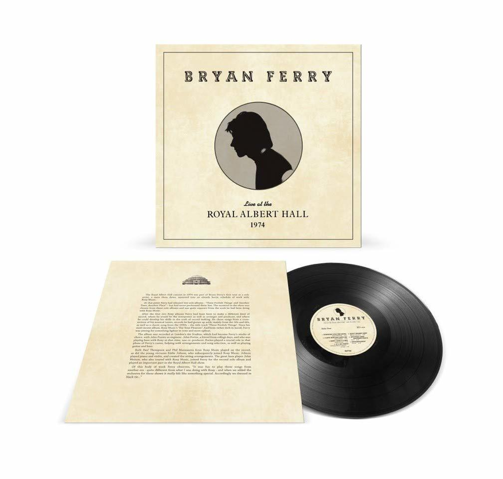 Pochette d'album de Bryan Ferry, avec une silhouette et du texte. Un disque vinyle et une feuille de paroles sont visibles.