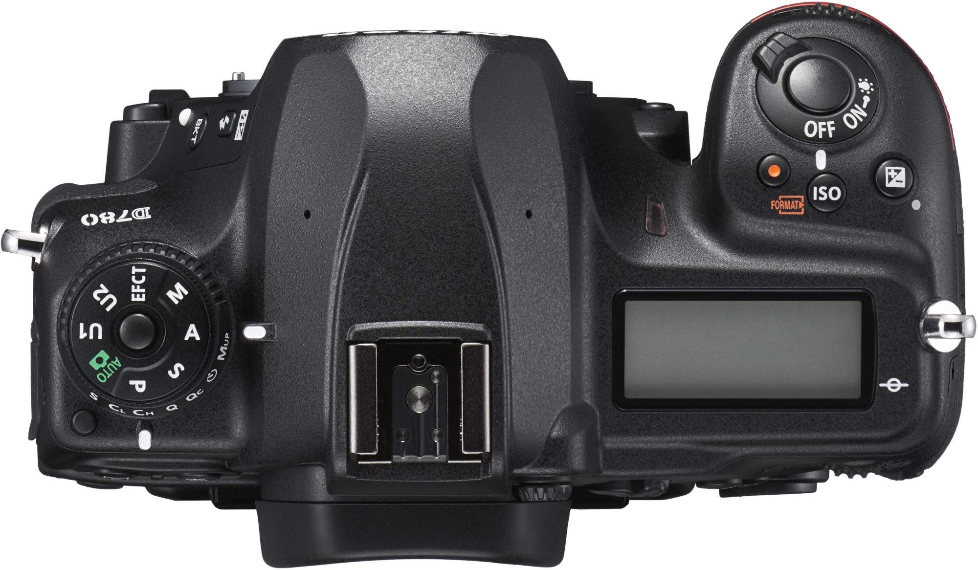 Draufsicht einer schwarzen DSLR-Kamera mit verschiedenen Knöpfen, Rädern und einem Display.