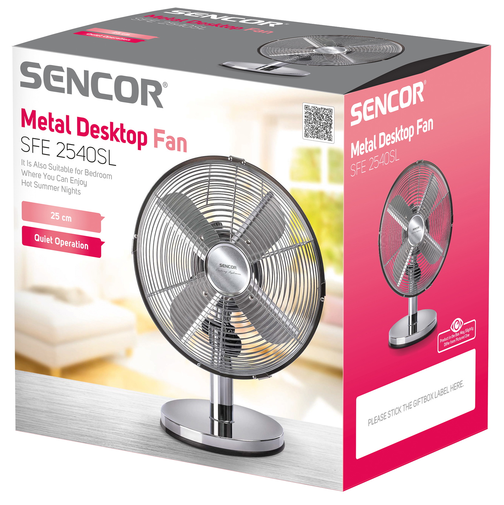 Egy fém asztali ventilátor dobozban. A ventilátor ezüst színű.