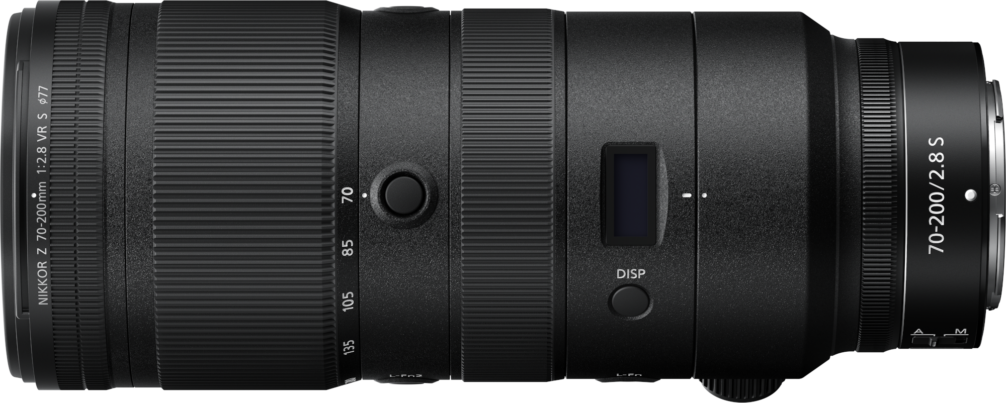 Schwarzes Nikkor Z 70-200mm f/2.8 S Objektiv. Verschiedene Ringe und Zifferblätter sind sichtbar.