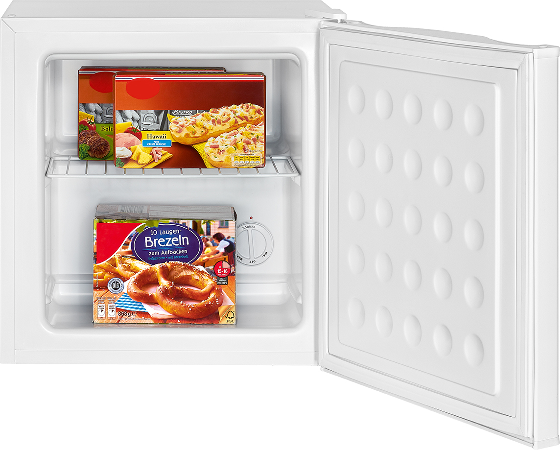 Ein offener kleiner Kühlschrank mit gefrorenen Lebensmitteln auf den Regalen.