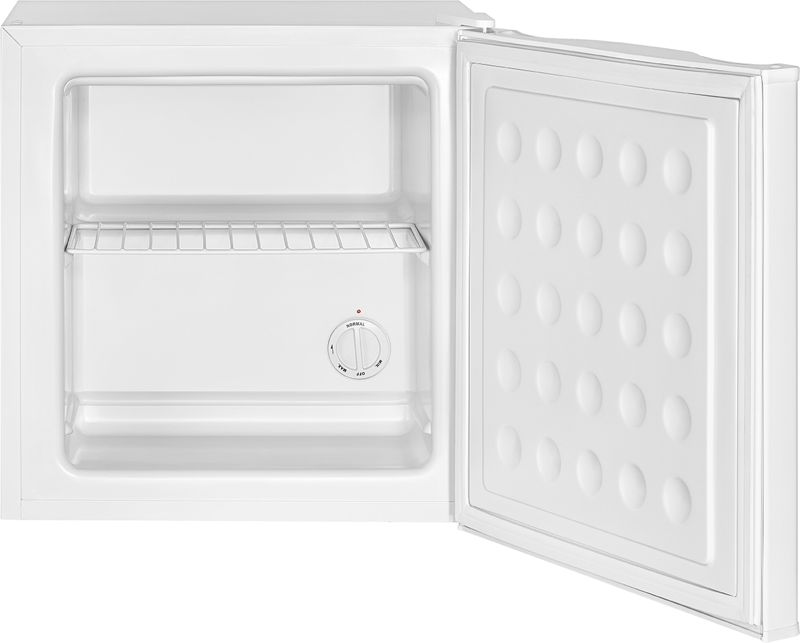 Ein weißer, leerer Mini-Kühlschrank mit geöffneter Tür und einem Drahtfach.