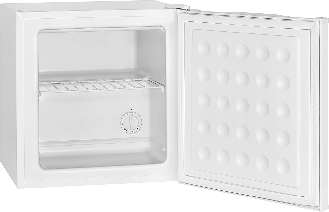 Ein weißer Mini-Kühlschrank mit offenem Fach und einem Drahtregal.