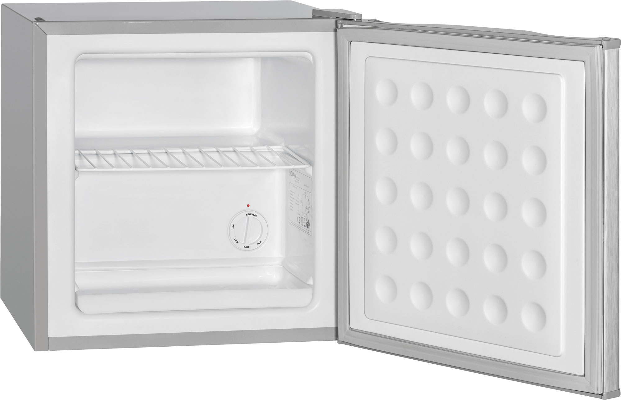 Ein offener weißer Kühlschrank mit einem Regal und einem Temperaturregler.