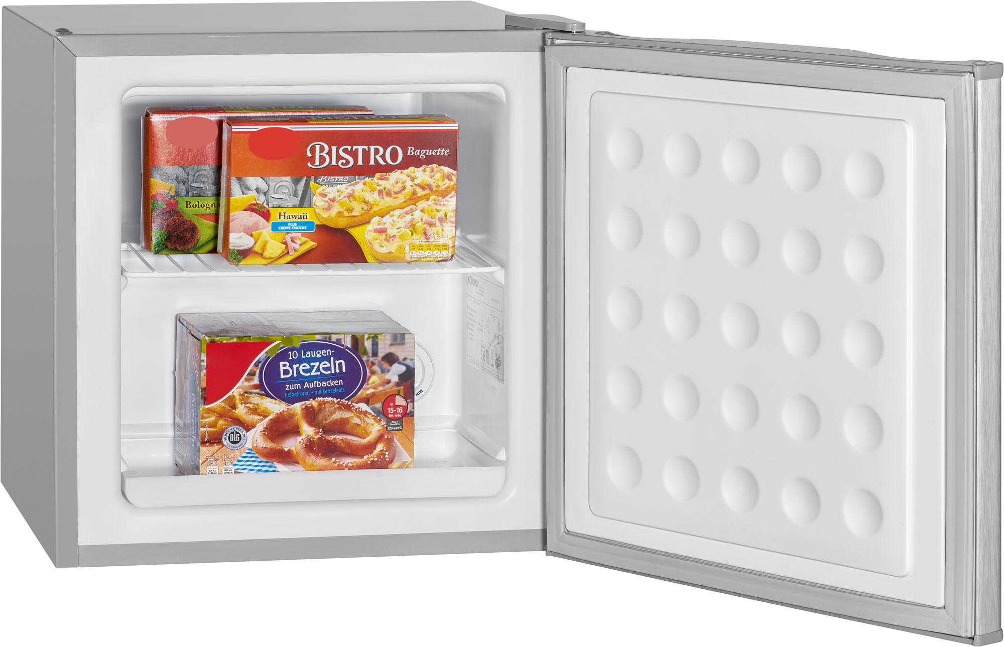 Ein Gefrierschrank mit zwei Packungen Tiefkühlkost: Baguette und Brezeln.