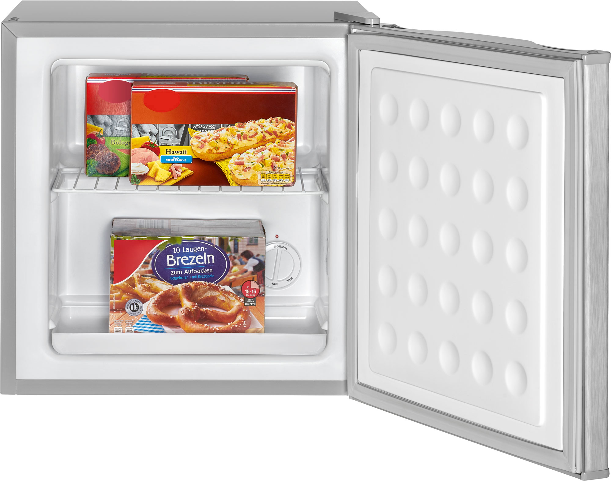 Ein offener silberner Kühlschrank mit gefrorenen Lebensmitteln auf zwei Regalen.