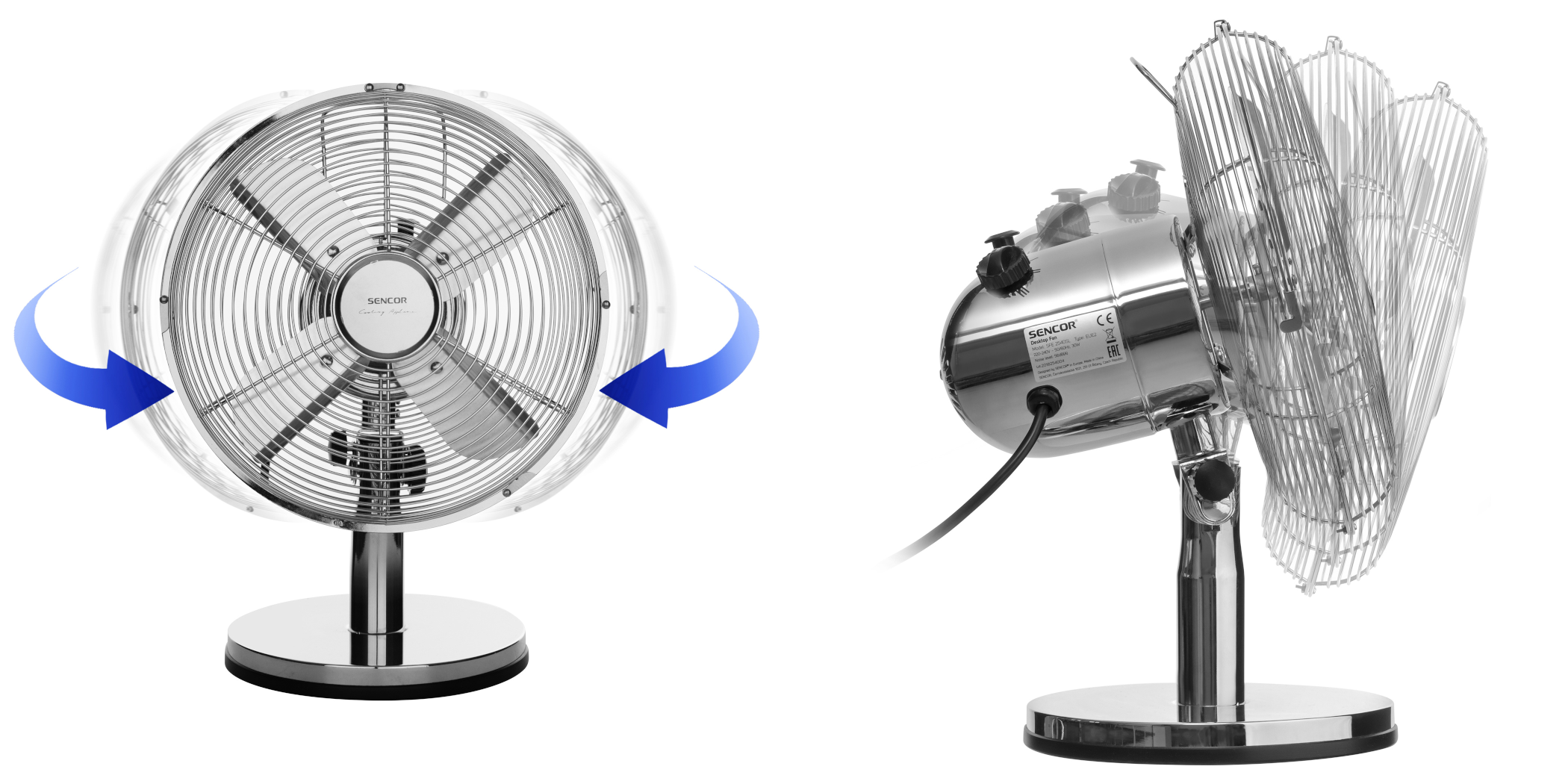 Fém ventilátor mozgásban, kék nyíllal, mely oldalirányú és fel-le mozgást mutat.