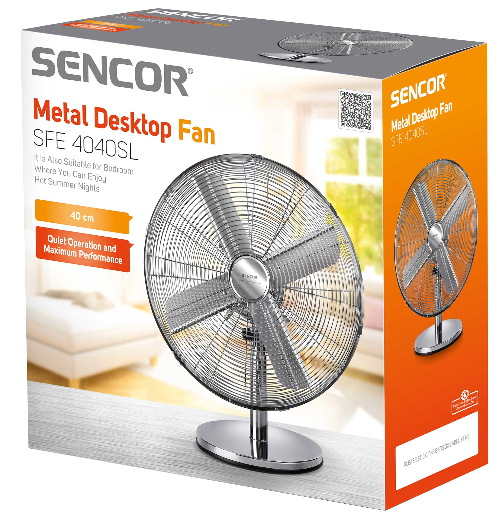 SENCOR Metal Desktop Fan doboz, a ventilátort mutatja belül és a doboz oldalán.