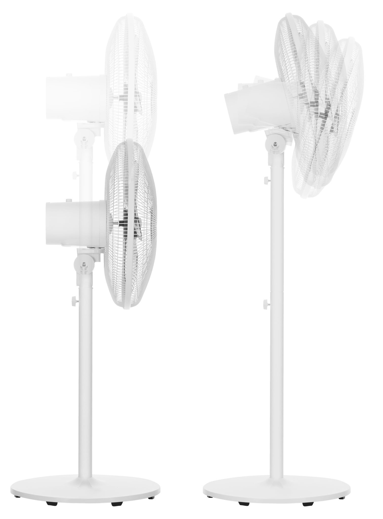 Két fehér álló ventilátor, egy oldalra döntve, fehér háttér előtt.