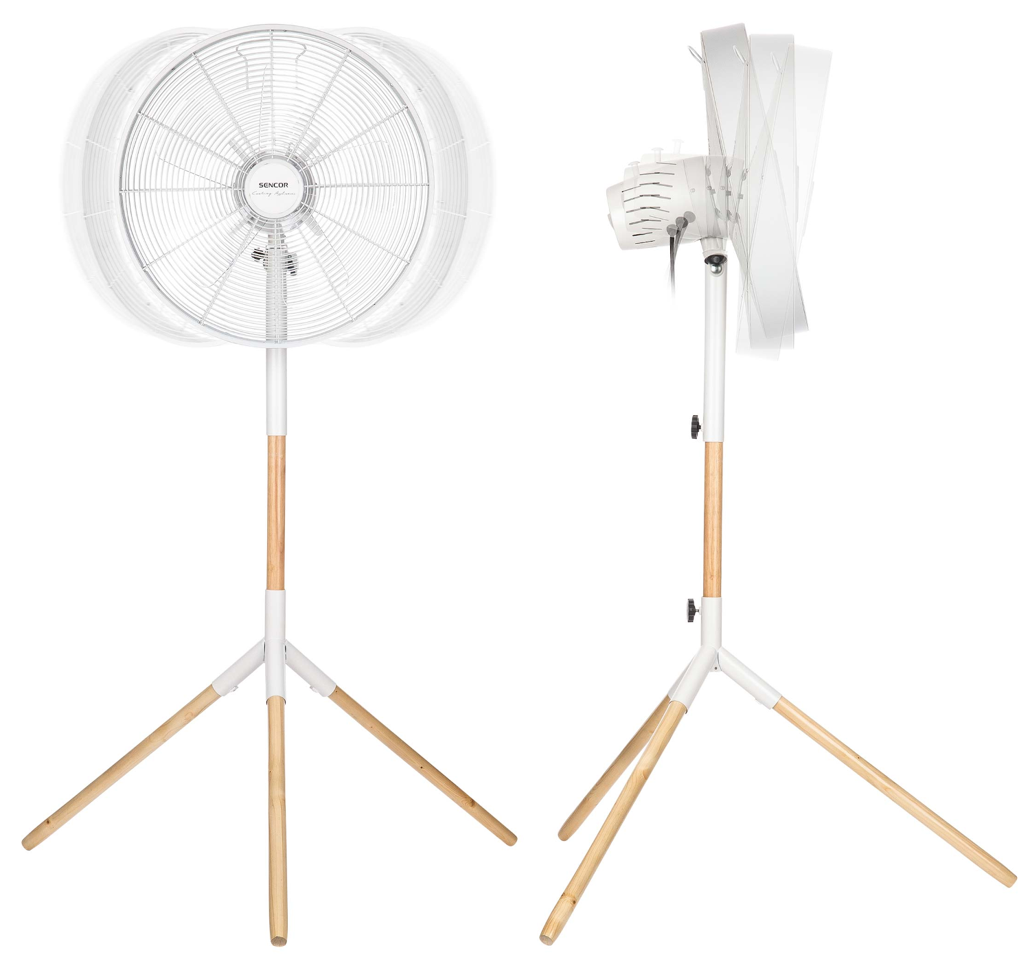 Fehér és fa színű álló ventilátor, fehér kör alakú ventilátor ketreccel. A ventilátor fa állványon van.