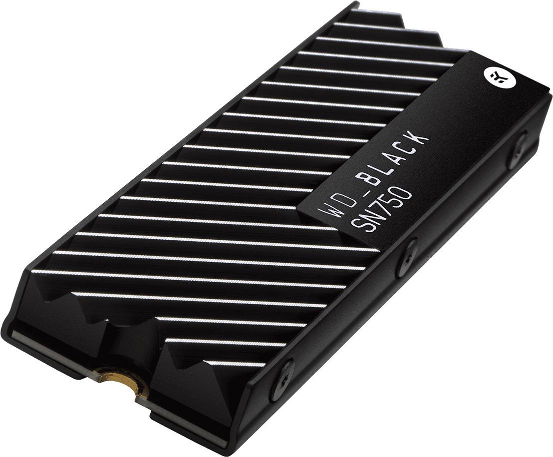 SSD WD_BLACK SN750 noir avec dissipateur thermique. Il a un couvercle noir avec du texte blanc.