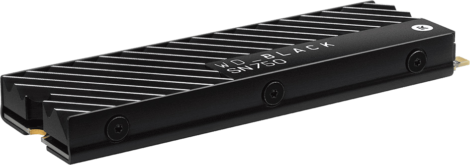 Disque SSD WD_BLACK SN750 noir, vue en angle.