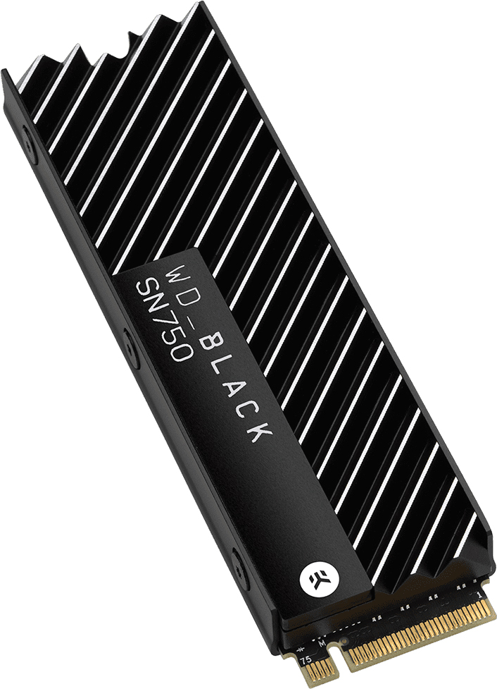 SSD WD_BLACK SN750 noir et argent. Noir avec rayures argentées. Fond blanc.
