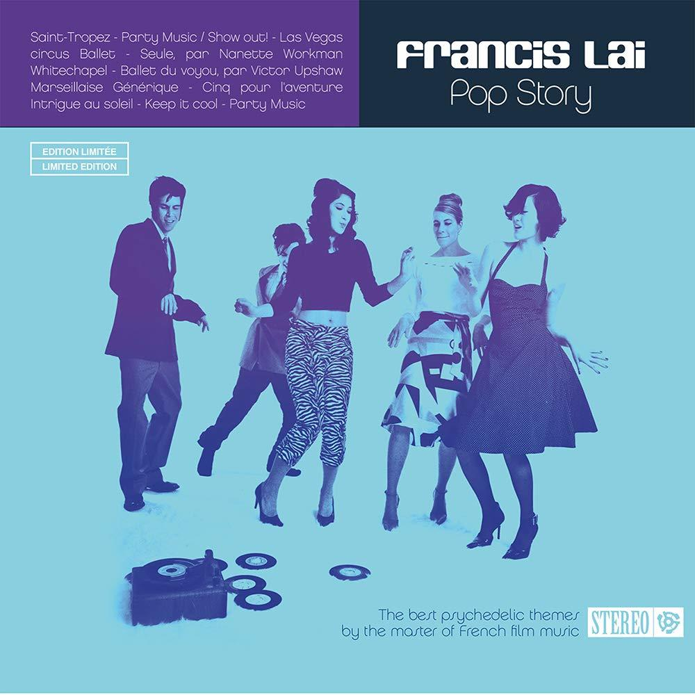 Albumhoes, dansende mensen, tekst 'Francis Lai Pop Story', kleurrijk, retro stijl.