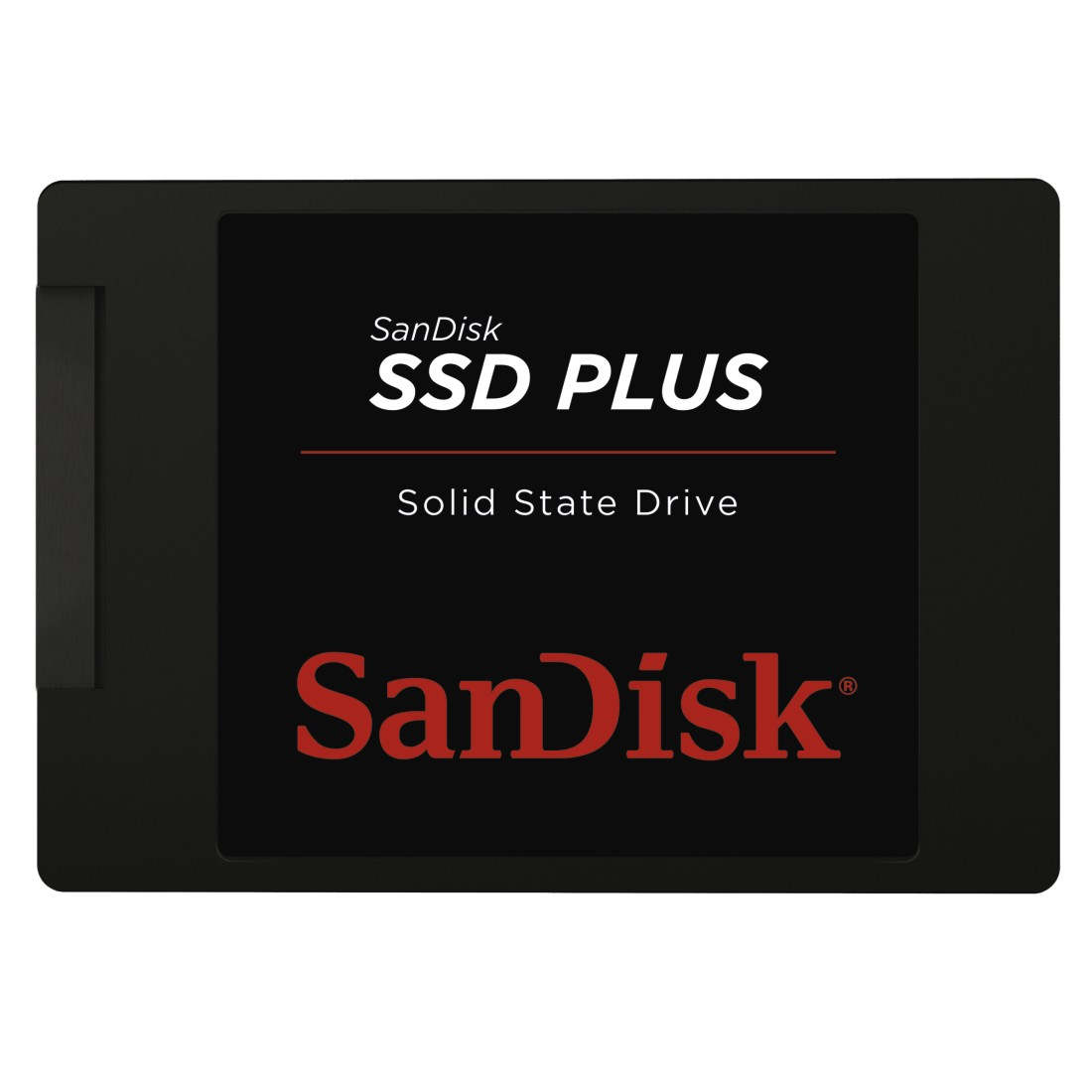 A black SSD with the Sandisk SSD PLUS logo.