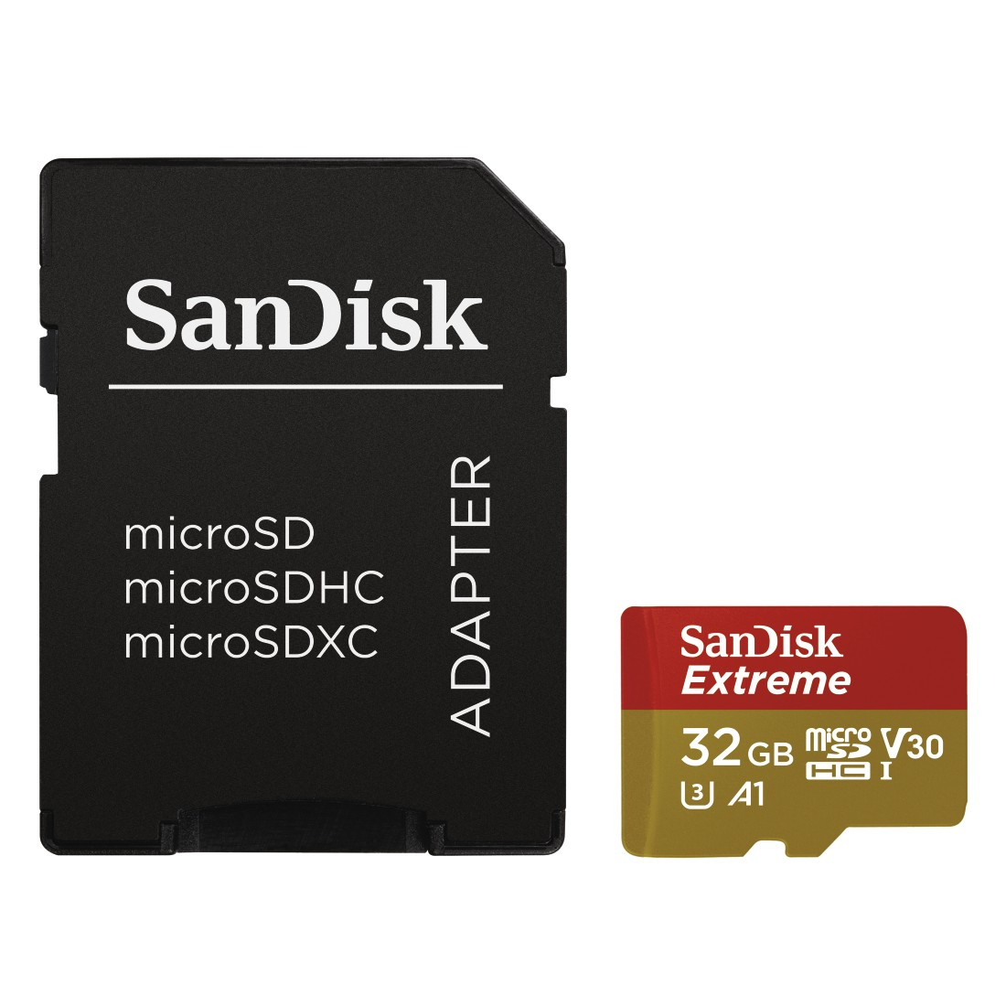 A black SanDisk microSD card adapter and a red and black SanDisk Extreme microSD card.