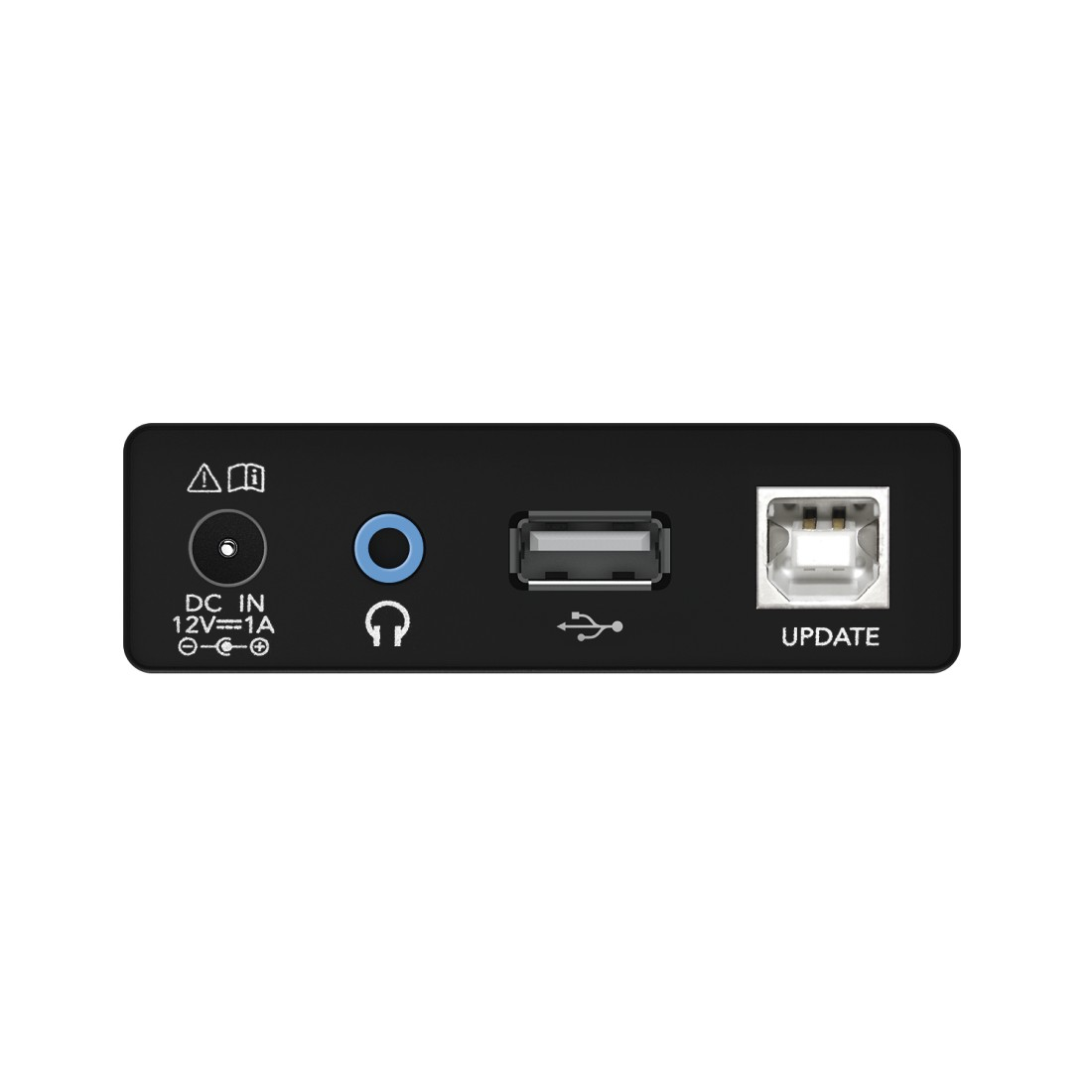 Appareil noir avec ports : DC in, casque, USB et mise à jour. Fond blanc.