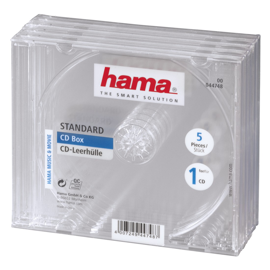 Un boîtier de CD en plastique transparent contenant plusieurs boîtiers de CD transparents empilés.