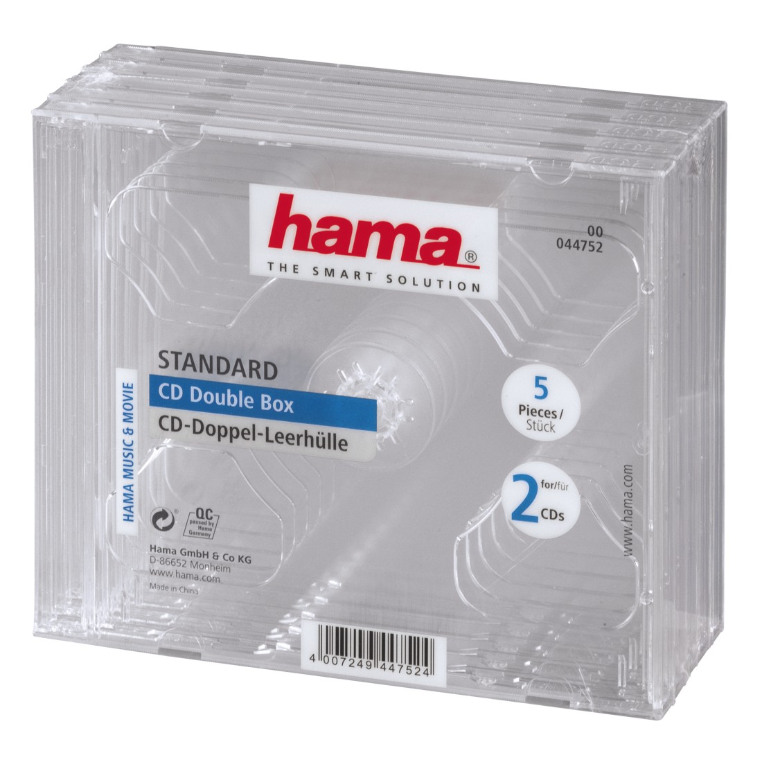 Boîte double CD Hama en plastique transparent avec une étiquette. Contient 5 pièces et 2 CD.