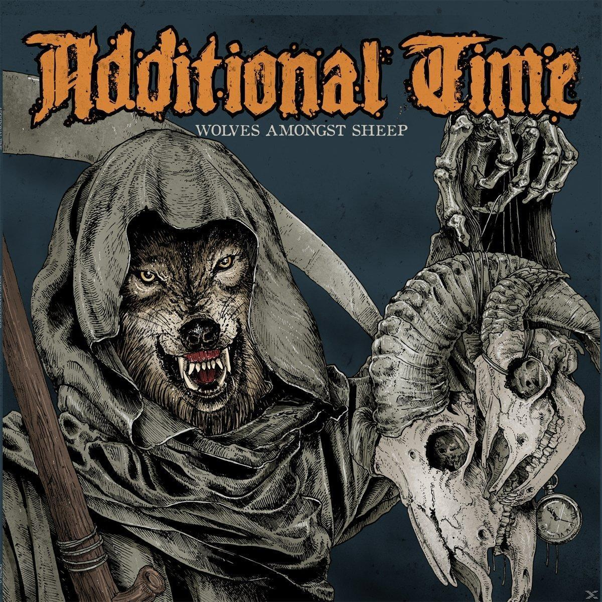 Album borító farkasfejű kaszással, kaszával és koponyával. A narancssárga szöveg: 'Additional Time'.
