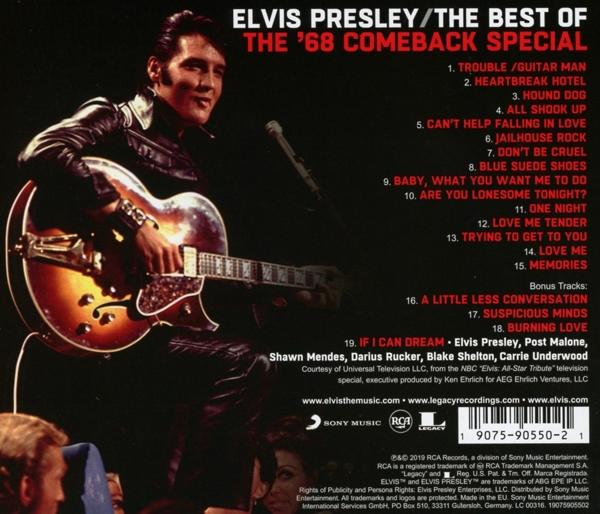 Rückseite eines Elvis Presley CD-Covers. Zeigt ein Foto von ihm beim Gitarrespielen. Der Hintergrund ist dunkel.