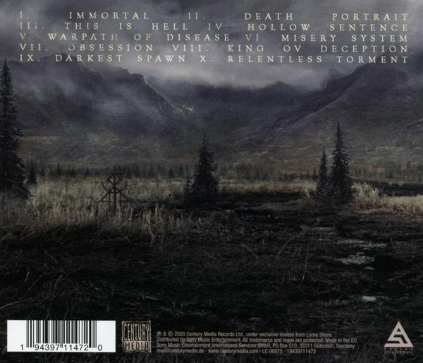 Die Rückseite eines Metal-Band-Albums mit Titelliste und Landschaft.