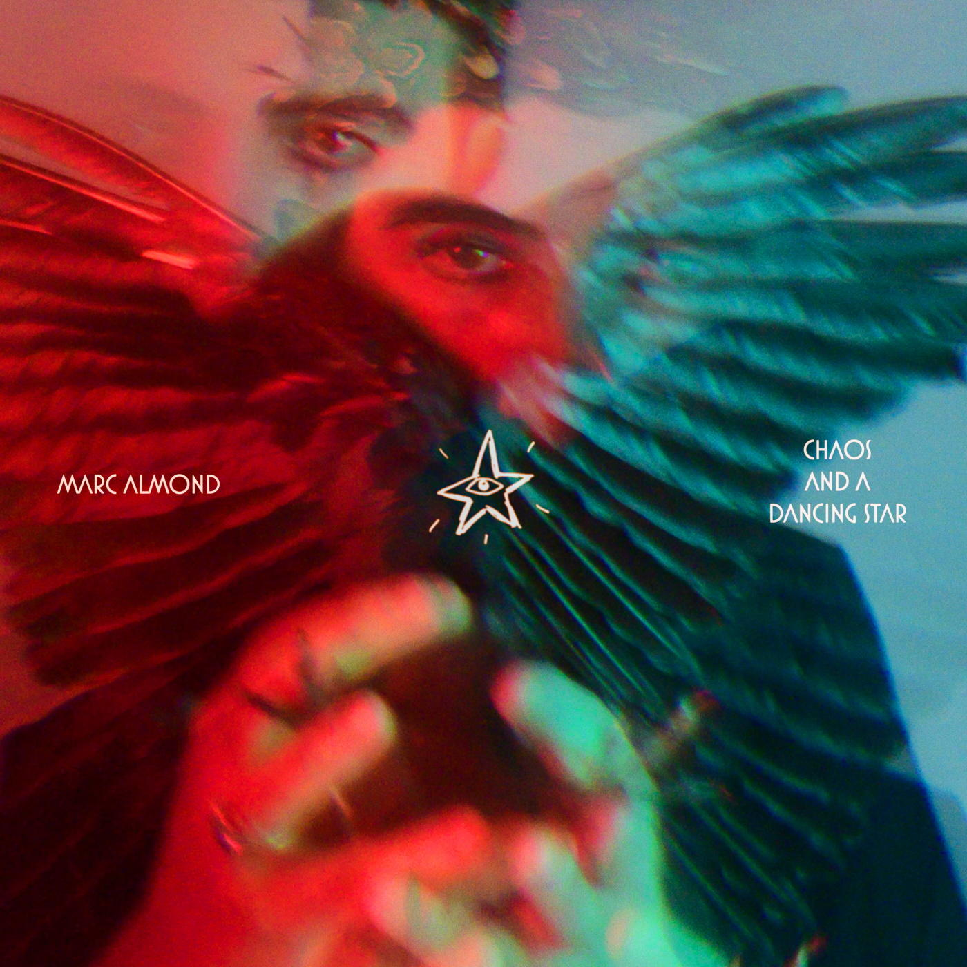 Pochette d'album: Un visage avec des ailes d'ange, des teintes rouges et bleues, et le texte 'Chaos and a Dancing Star' et 'Marc Almond'.