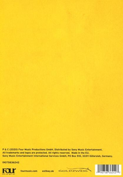 Gelber Hintergrund mit schwarzem Text unten, Copyright- und Produktinformationen.