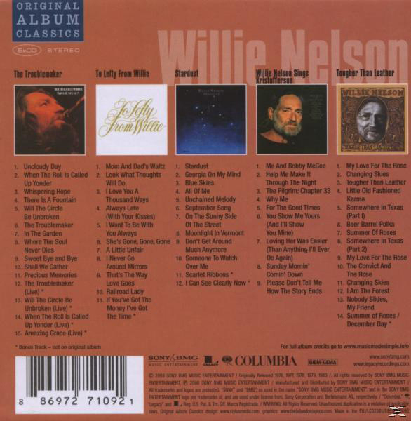 Albumcover, Willie Nelson, Titelliste, textlastig, klassische Musik.