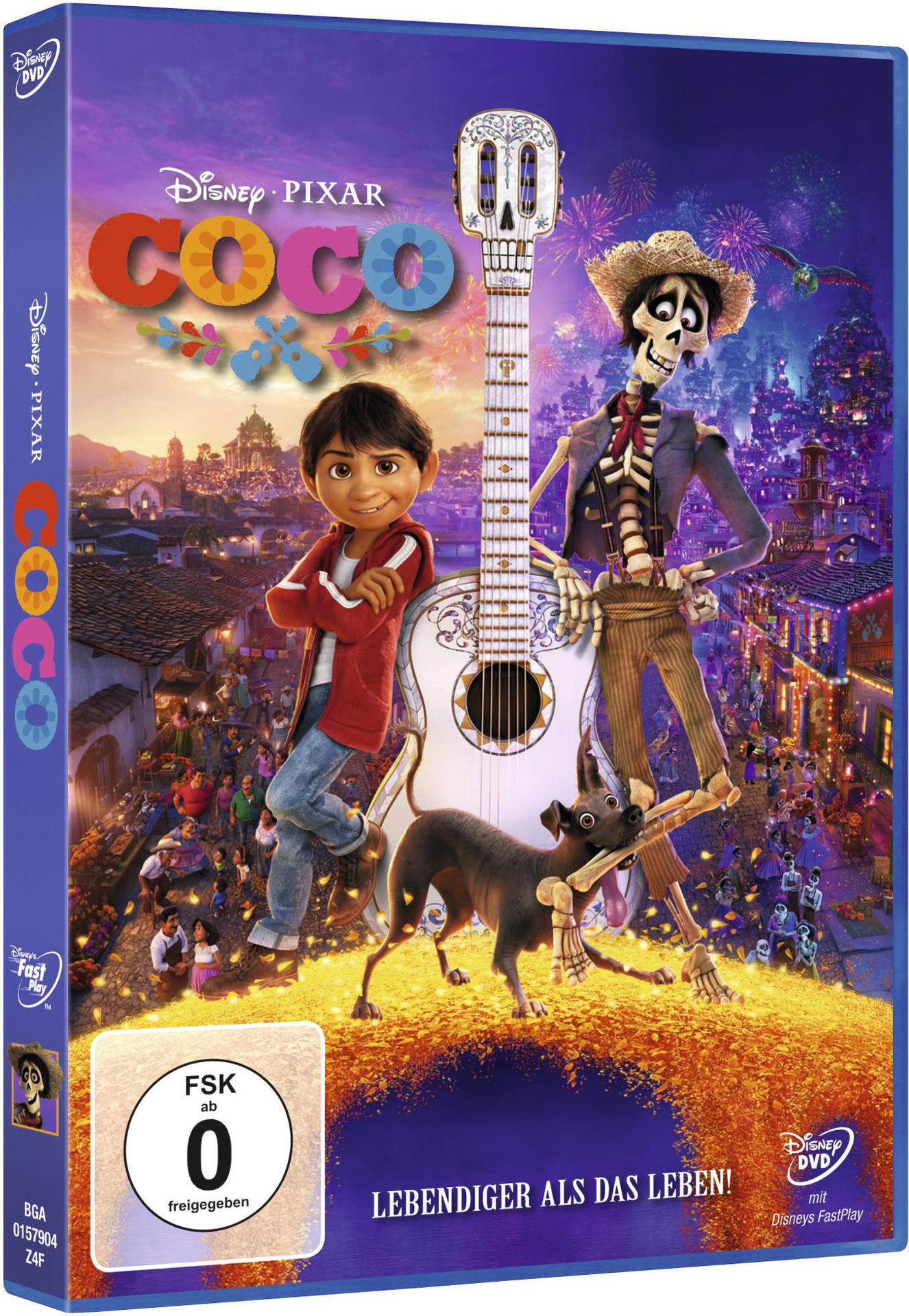 DVD-Cover, 'Coco'. Junge, Gitarre, Skelette und Hund. Blau- und Orangetöne. Disney Pixar Logo, FSK 0.