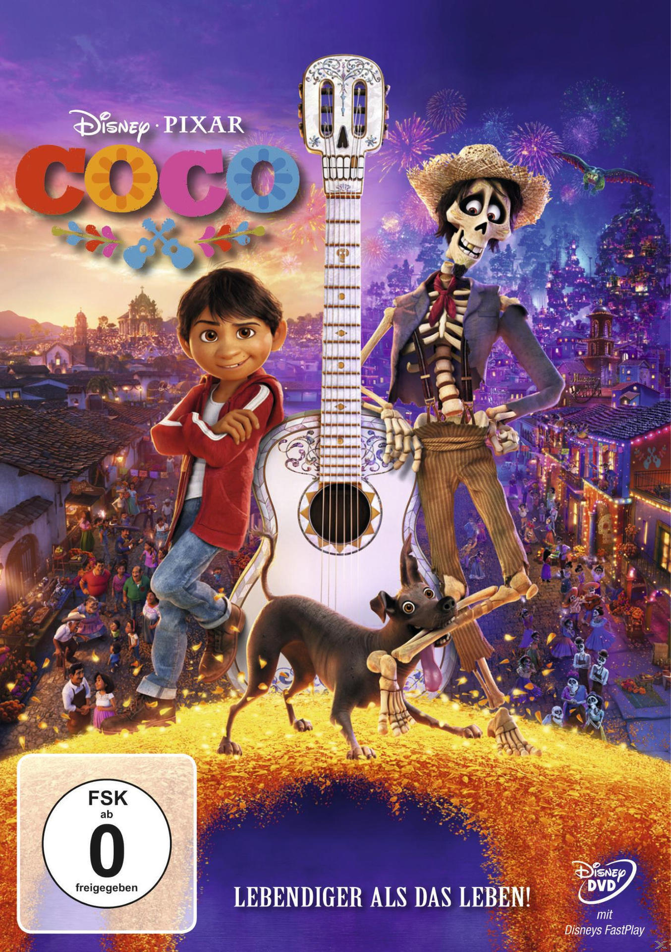 Filmcover für Coco. Figuren stehen mit einer Gitarre vor einer Stadt.
