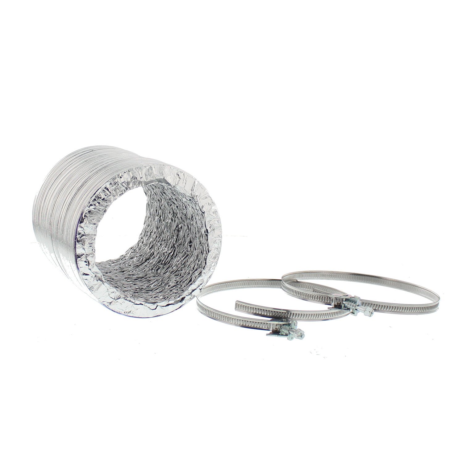 Silver, flexible air duct and two metal clamps, isolated on white background.