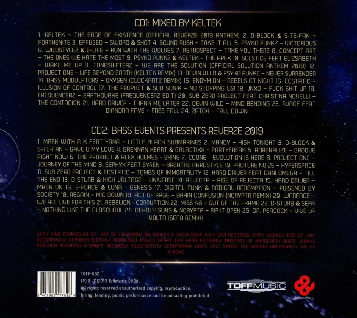CD-hoes, gemixt door Keltek, Bass Events presenteert Revereze 2019, tracklist.