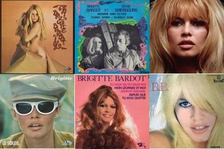 Een collage van Brigitte Bardot albumhoezen, met haar afbeelding in verschillende stijlen.