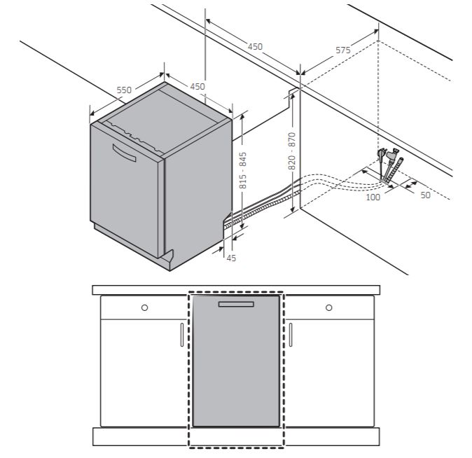 Mosogatógép beszerelésének diagramja. Méreteket és szekrényekhez való csatlakozásokat mutat.