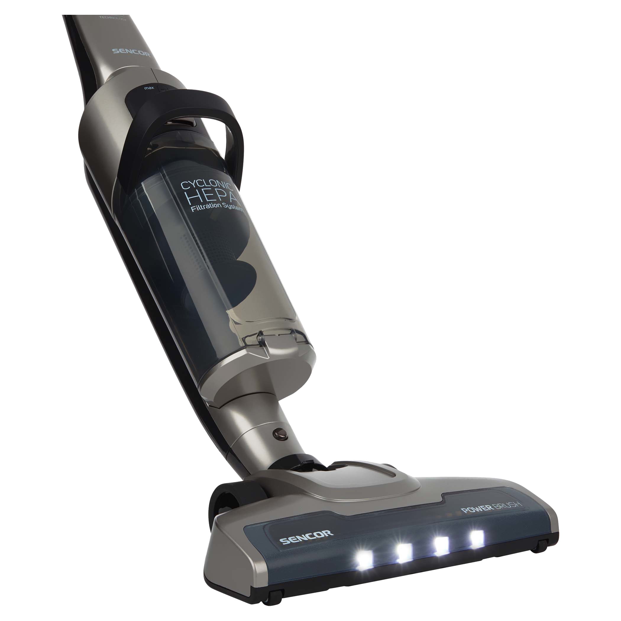 Egy szürke és fekete Sencor porszívó Power Brush fejjel.