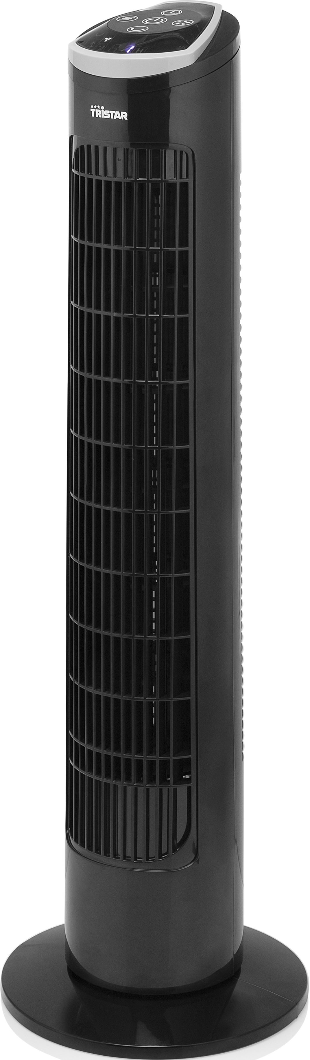 Hoher schwarzer Turmventilator mit rundem Sockel. Er hat ein Bedienfeld oben.