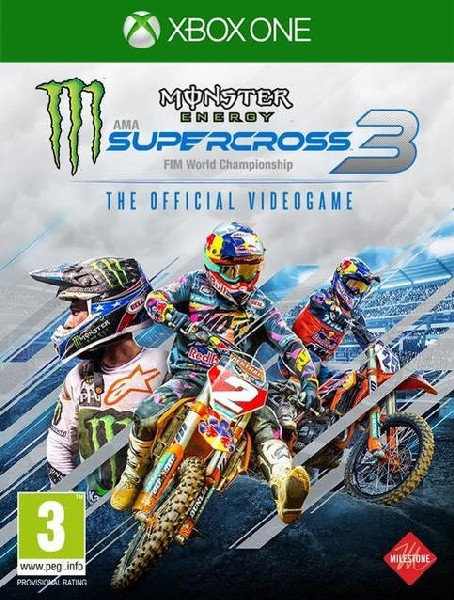 Portada del juego Xbox One con pilotos de motocross corriendo en motos de cross. Logo Monster Energy.
