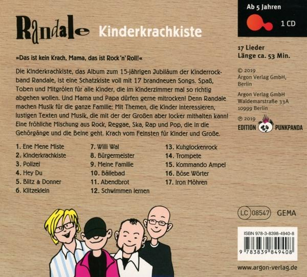 Albumcover für Randale Kinderkrachkiste. Es hat Zeichentrickfiguren und Songtitel.