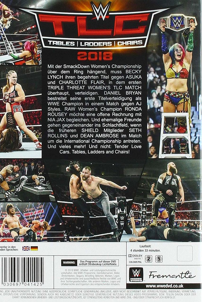 DVD-Cover für WWE TLC 2018 mit Wrestlern in Aktion. Ein Ring und Logos sind sichtbar.